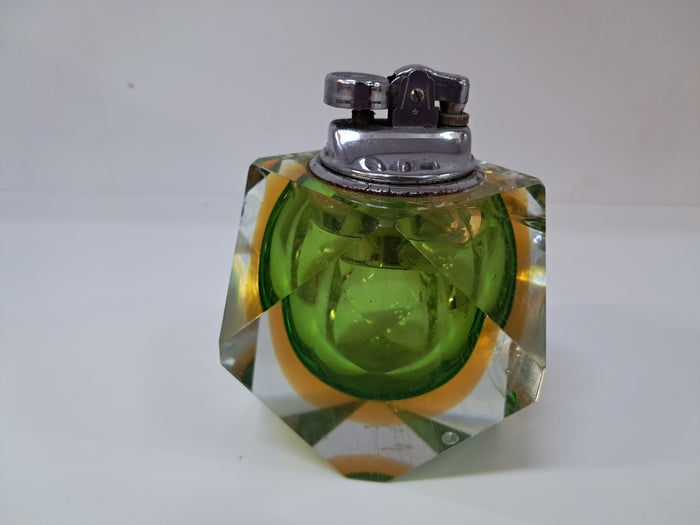 Mid Century Murano Faceted Green & Amber Glass Table Lighter Italian Paperweight Art Glass 1960