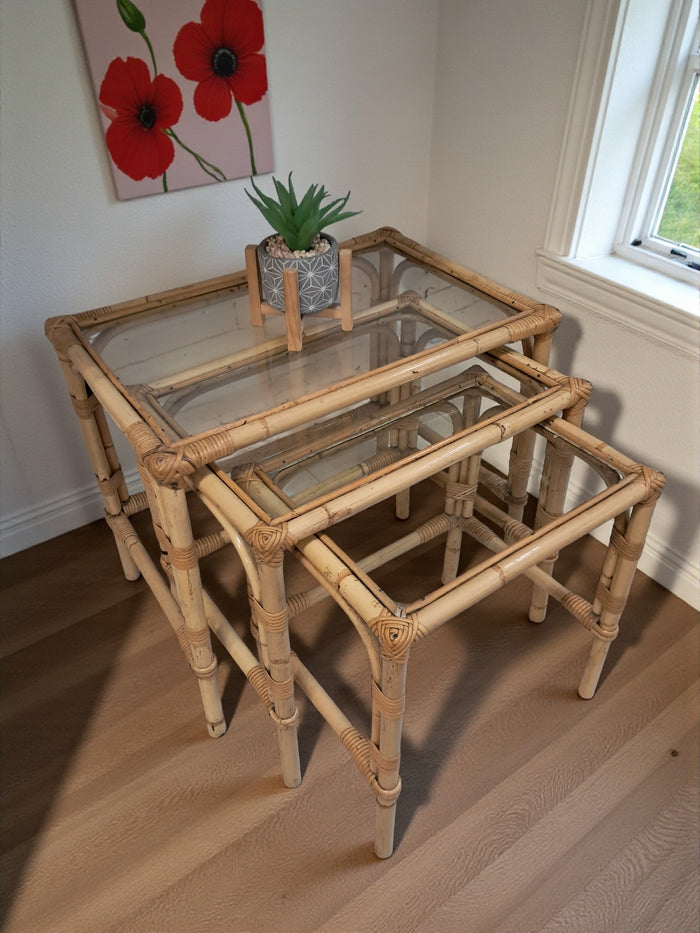Vintage Bamboo Nest of Tables Glass Tops Bohemian Mid Century 1970's