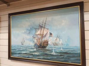 Vintage Large Naval Ship Sea Battle Galleon Oil Painting on Canvas Signed Framed Ambrose