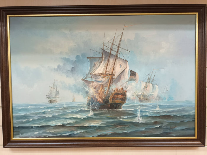 Vintage Large Naval Ship Sea Battle Galleon Oil Painting on Canvas Signed Framed Ambrose