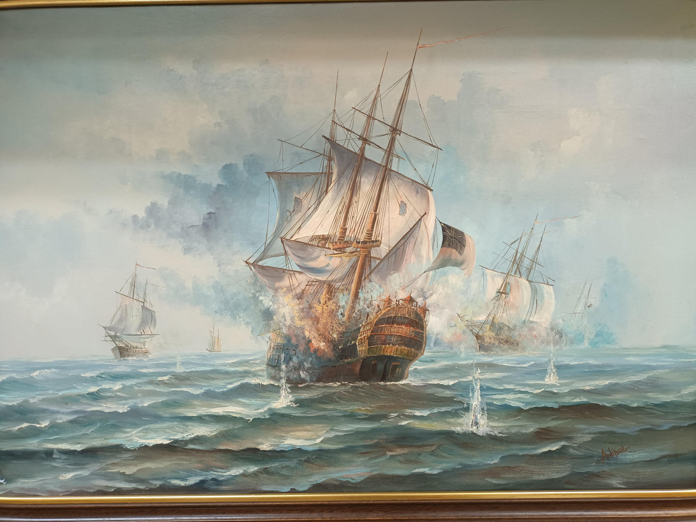 Vintage Large Naval Ship Sea Battle Galleon Oil Painting on Canvas