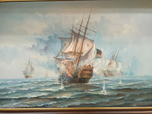 Vintage Large Naval Ship Sea Battle Galleon Oil Painting on Canvas Signed Framed Ambrose