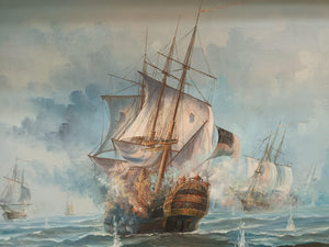 Vintage Large Naval Ship Sea Battle Galleon Oil Painting on Canvas Signed Framed Ambrose