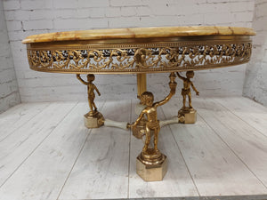 Antique Onyx Marble Coffee Table Gold Gilt & Brass Cherub Supports Vintage