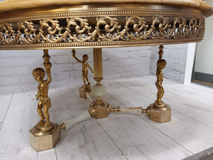 Antique Onyx Marble Coffee Table Gold Gilt & Brass Cherub Supports Vintage