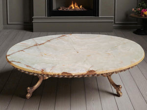 Vintage Onyx & Brass Marble Coffee Table Italian Style Rococo Gold Mid Century Table 1970