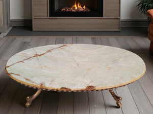 Vintage Onyx & Brass Marble Coffee Table Italian Style Rococo Gold Mid Century Table 1970