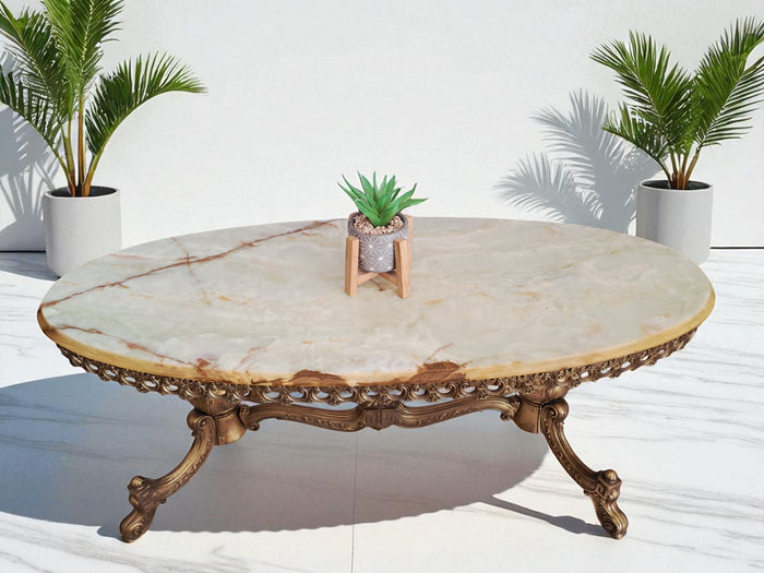 Vintage Onyx & Brass Marble Coffee Table Italian Style Rococo Gold Mid Century Table 1970