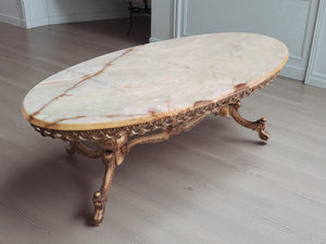 Vintage Onyx & Brass Marble Coffee Table Italian Style Rococo Gold Mid Century Table 1970