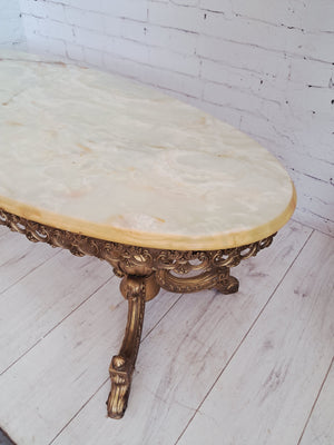 Vintage Onyx & Brass Marble Coffee Table Italian Style Rococo Gold Mid Century Table 1970