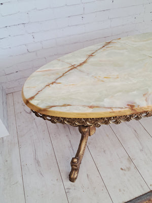 Vintage Onyx & Brass Marble Coffee Table Italian Style Rococo Gold Mid Century Table 1970