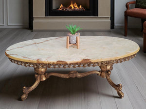 Vintage Onyx & Brass Marble Coffee Table Italian Style Rococo Gold Mid Century Table 1970