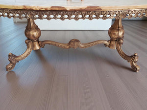 Vintage Onyx & Brass Marble Coffee Table Italian Style Rococo Gold Mid Century Table 1970