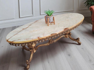 Vintage Onyx & Brass Marble Coffee Table Italian Style Rococo Gold Mid Century Table 1970