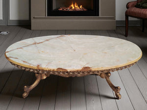 Vintage Onyx & Brass Marble Coffee Table Italian Style Rococo Gold Mid Century Table 1970