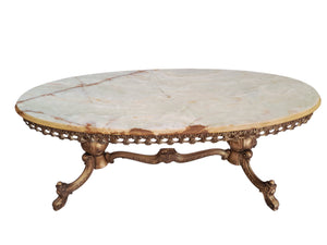 Vintage Onyx & Brass Marble Coffee Table Italian Style Rococo Gold Mid Century Table 1970