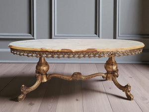 Vintage Onyx & Brass Marble Coffee Table Italian Style Rococo Gold Mid Century Table 1970