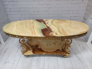 Vintage Onyx Marble &amp; Brass Coffee Table Italian Style Rococo Gold Mid Century Table