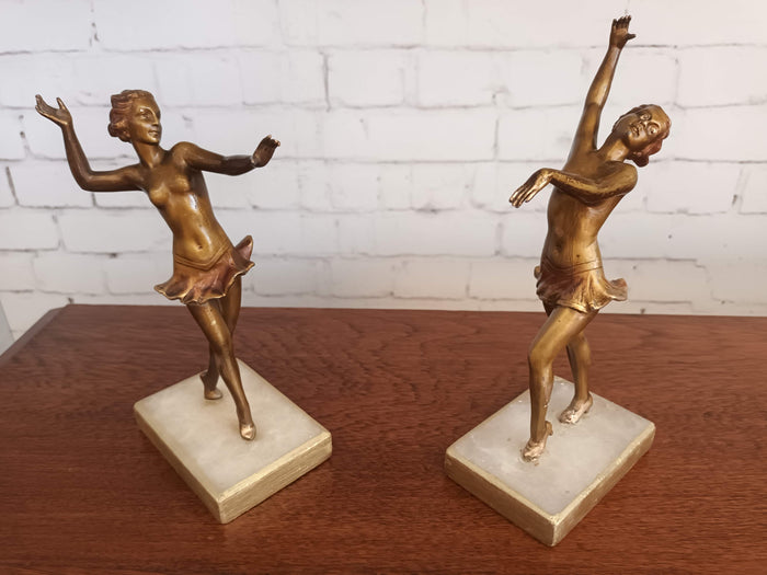 Pair Art Deco Spelter Dancers Figurine Bronze Statue 1930 Vintage Ballerina