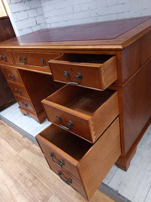 Antique Style Desk Wooden Twin Pedestal Desk Yew Wood Vintage Partners Desk Leather Top