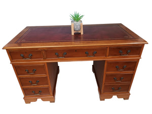 Antique Style Desk Wooden Twin Pedestal Desk Yew Wood Vintage Partners Desk Leather Top