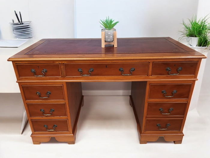 Antique Style Desk Wooden Twin Pedestal Desk Yew Wood Vintage Partners Desk Leather Top