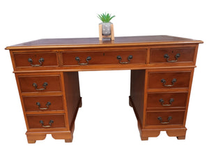 Antique Style Desk Wooden Twin Pedestal Desk Yew Wood Vintage Partners Desk Leather Top