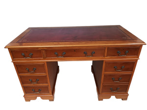 Antique Style Desk Wooden Twin Pedestal Desk Yew Wood Vintage Partners Desk Leather Top