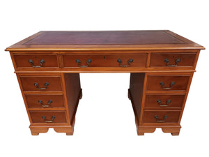 Antique Style Desk Wooden Twin Pedestal Desk Yew Wood Vintage Partners Desk Leather Top