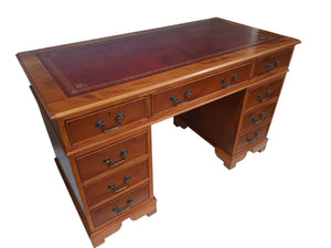 Antique Style Desk Wooden Twin Pedestal Desk Yew Wood Vintage Partners Desk Leather Top