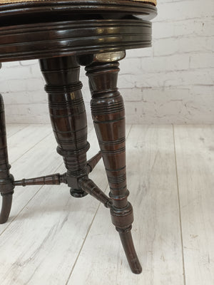 Antique Victorian Piano Stool Round Seat Revolving Mahogany Frame