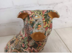 Vintage Ceramic Pig Statue Decoupage Floral Pottery Medium Rare Collectable Gold