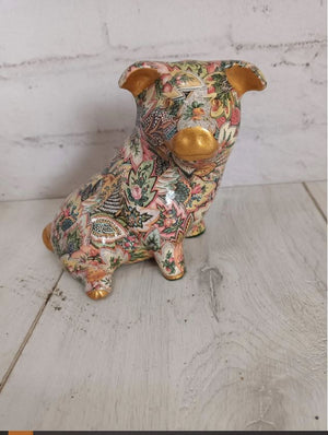 Vintage Ceramic Pig Statue Decoupage Floral Pottery Medium Rare Collectable Gold