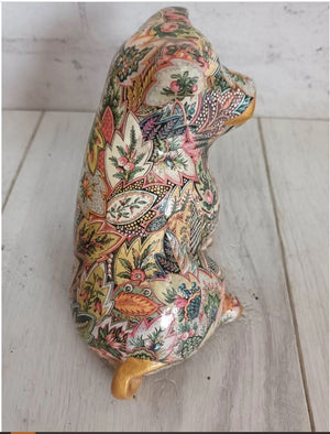 Vintage Ceramic Pig Statue Decoupage Floral Pottery Medium Rare Collectable Gold