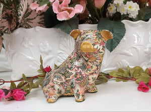 Vintage Ceramic Pig Statue Decoupage Floral Pottery Medium Rare Collectable Gold