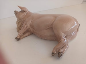 Vintage Creamware Pig Ceramic Large Sleeping Pig Ornament Statue 1980