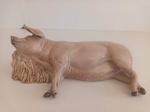 Vintage Creamware Pig Ceramic Large Sleeping Pig Ornament Statue 1980