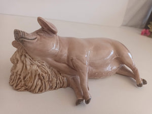 Vintage Creamware Pig Ceramic Large Sleeping Pig Ornament Statue 1980