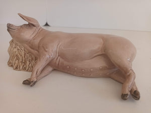 Vintage Creamware Pig Ceramic Large Sleeping Pig Ornament Statue 1980