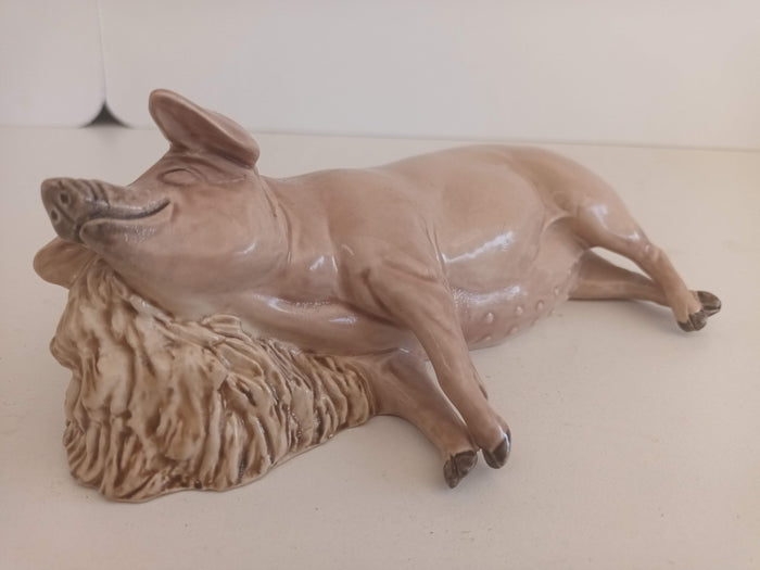 Vintage Creamware Pig Ceramic Large Sleeping Pig Ornament Statue 1980