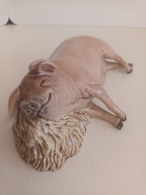 Vintage Creamware Pig Ceramic Large Sleeping Pig Ornament Statue 1980