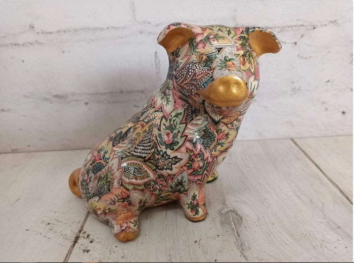 Vintage Ceramic Pig Statue Decoupage Floral Pottery Medium Rare Collectable Gold