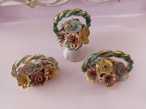 Vintage Pink Porcelain Egg Trinket Dressing Table Set Mid Century Pretty Butterfly Flower 7 Piece