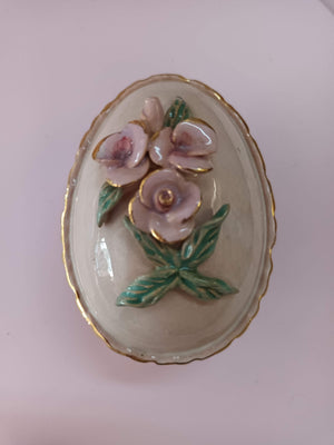 Vintage Pink Porcelain Egg Trinket Dressing Table Set Mid Century Pretty Butterfly Flower 7 Piece