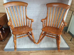 Pair Vintage Rocking Chairs Solid Elm Nursing Rocking Chair Country Style 1980's