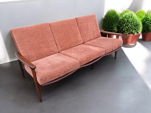 Vintage Mid Century Danish Style Settee Sofa 3 Seater Teak Wood Frame Retro VGC