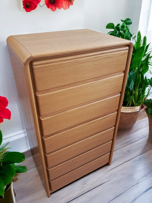 Vintage Mid Century Tallboy Chest of Drawers Solid Oak Danish Style 7 Drawers VGC