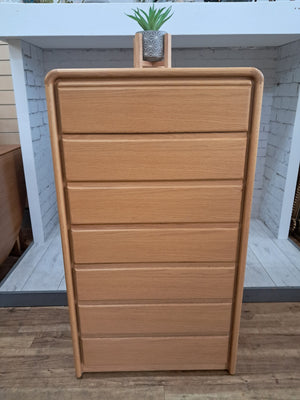 Vintage Mid Century Tallboy Chest of Drawers Solid Oak Danish Style 7 Drawers VGC