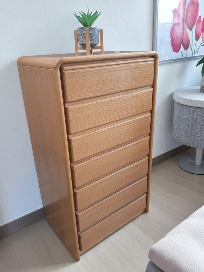 Vintage Mid Century Tallboy Chest of Drawers Solid Oak Danish Style 7 Drawers VGC