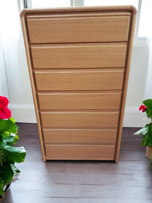 Vintage Mid Century Tallboy Chest of Drawers Solid Oak Danish Style 7 Drawers VGC